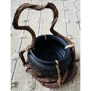 Vtg Philippine Handmade Rustic Clay Vessel MCM Twisted Vine Root Handle